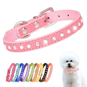 Luxury Modern Elegant Solid Pattern Rhinestone Studded Soft PU Dog <b>Collar</b> Adjustable for Small Pets - Product Image 1