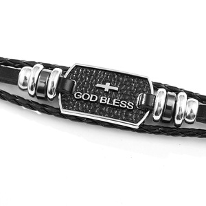 Pulsera Cruzada de Cuero Negro Trenzado con Amuleto de Plata Tibetana 'Dios te Bendiga', Joyería de Regalo - Product Image 1