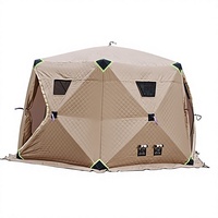 Tente de pêche sur glace isolée en coton pour l'extérieur, kaki, grande conception hexagonale, double porte, six fenêtres, pliable, imperméable, prête à l'emploi