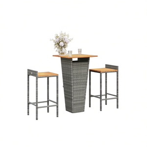 Ensemble de bar de jardin en rotin gris avec repose-pieds, mobilier de bar contemporain, plateau carré en teck, structure en métal - Product Image 1