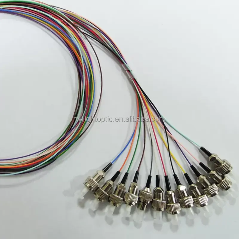 Produsen Cina FTTH telekomunikasi SM MM disesuaikan FC ST SC LC APC 0.9mm 0.3m 12 warna kabel Patch serat optik kuncir