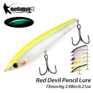 เหยื่อปลอมแบบดินสอ Red <span class=keywords><strong>Devil</strong></span> Floating Pencil Lure ขนาด 75 มม. น้ำหนัก 6 กรัม แบบ WTD Walk the Dog สำหรับตกปลาผิวน้ำ หัวสีแดง เรืองแสง UV สำหรับตกปลาแบส ปลาไพค์ ตกปลาชายฝั่ง - Product Image 1