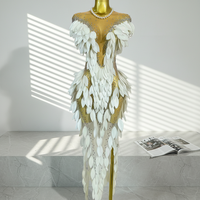 Robe longue sexy transparente à plumes et strass, épaules dénudées, idéale pour les fêtes d'anniversaire, les mariages, robes de soirée pour femmes