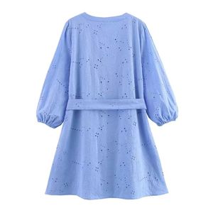 Vestido Mini Casual de Moda para Mujer, Cuello en V, Lazos Azules, Bordado con Ojales, Manga Larga - Product Image 3