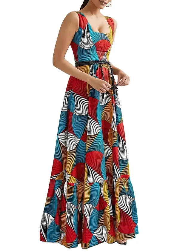 2023 Summer Casual Fashion Women Geometric Cotton African Maxi Dress