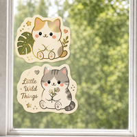 Autocollants personnalisés imperméables en PVC vinyle décoratifs, autocollants électrostatiques pour fenêtre, imprimés UV, motif chat kawaii et plante, pour verre et mur
