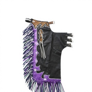 Chaps de Rodeo Professionnels Personnalisés Faits Main et Lestés, Taille Haute, avec Appliques Florales Violettes et Noires, Détails Chêne, pour l'Équitation Complète - Product Image 1