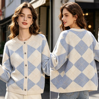 Cardigan en tricot pour femme, col rond, motif jacquard côtelé, col en V, décontracté, vintage, à un seul bouton, en coton, cardigan en laine