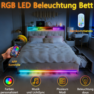 <span class=keywords><strong>Letto</strong></span> imbottito in lino, dotato di striscia LED, ricarica USB e Type-C, cassetti, ripiano sulla <span class=keywords><strong>testiera</strong></span> e doghe in <span class=keywords><strong>legno</strong></span>, beige. - Product Image 4