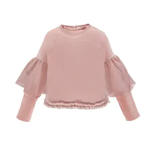 Camisa de mangas compridas para meninas, roupas de moda para meninas personalizadas, cor sólida, rosa, com babados, bainha