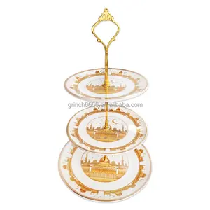 3-Tier Gold & White Eid Mubarak ramadan Ceramic Plate Serving Stand ramadan moon tree Plate stand for Iftar