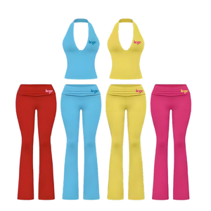 Ensemble de sport deux pièces d'été pour femme : T-shirt court à col rond et pantalon évasé taille basse moulant pour les loisirs (vente transfrontalière) - Product Image 3