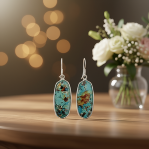 Orecchini Pendenti in Turchese Stile Bohémien con Montatura in Argento, Gioielli da Donna alla Moda, Orecchini Statement di Forma Ovale - Product Image 2