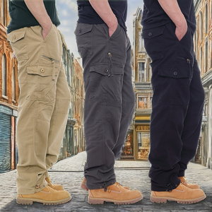 Pantalon cargo OEM en gros, élastique à la taille, kaki, ample, en coton de haute qualité, personnalisé, baggy, 6 poches, teint uni, coupe droite - Product Image 2