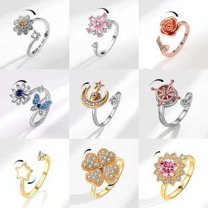 Anti Anxiety Fidget <strong>Rings</strong> Rose Gold Jewelry Crystal Four Leaf Clover Star Moon Women <strong>Sunflower</strong> Butterfly Spinner Rotatable <strong>Ring</strong> - Product Image 2