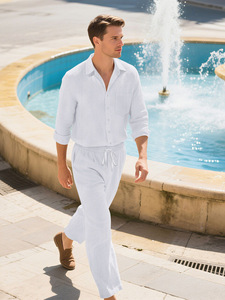 Nuovo <span class=keywords><strong>Completo</strong></span> <span class=keywords><strong>Uomo</strong></span> 2 Pezzi in Misto <span class=keywords><strong>Lino</strong></span> 2026 - Camicia a Maniche Lunghe e Pantaloni con Coulisse, Abbigliamento Estivo per Vacanze - Product Image 1