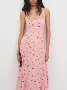 Robe longue évasée rose à imprimé floral pour <span class=keywords><strong>femme</strong></span>, col halter, sans manches, style streetwear, <span class=keywords><strong>tenue</strong></span> de <span class=keywords><strong>soirée</strong></span> élégante et formelle pour l'été - Product Image 3