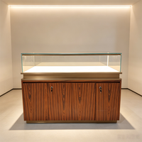 Comptoir de présentation de détail en bois avec base verrouillable, rangement, éclairage LED et plateau en verre rectangulaire pour boutique, exposition, kiosque, usine