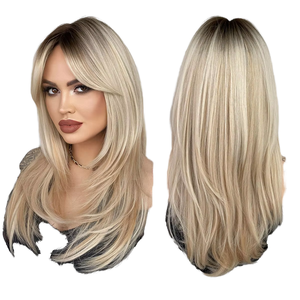 Peluca de Cabello Largo y Liso con Flequillo en Forma de Ocho, Color Dorado, Densidad 130%, Fibra de Alta Temperatura de 24 Pulgadas, Gran Venta en Europa y América - Product Image 1