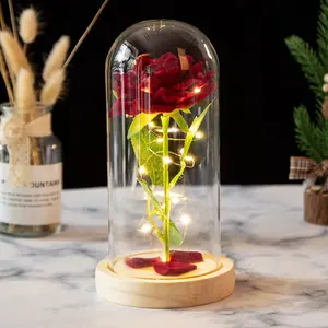 발렌타인 데이 선물 가정 장식을위한 유리 돔에 장식 인공 꽃 led 빛 유리 돔에 인공 장미