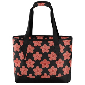 Sac isotherme rétro en nylon noir et rouge à imprimé floral Hawaïen Hau personnalisé pour femme, idéal pour les courses - Product Image 1