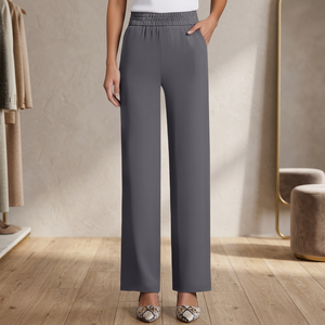 Pantalon large taille haute pour femme, couleur unie, en crêpe, taille élastique, coupe ample, longueur complète, style décontracté automne avec poches - Product Image 4