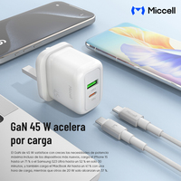 Chargeur rapide compact Miccell 45W GaN avec ports USB-C et USB-A pour ordinateur portable, téléphone et voyageurs