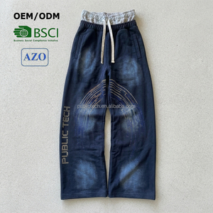 Pantalones de chándal anchos de doble cintura con logo de diamantes de imitación personalizados, estilo vintage, desgastados, con efecto lavado al sol y Monkey Wash para hombre - Product Image 1