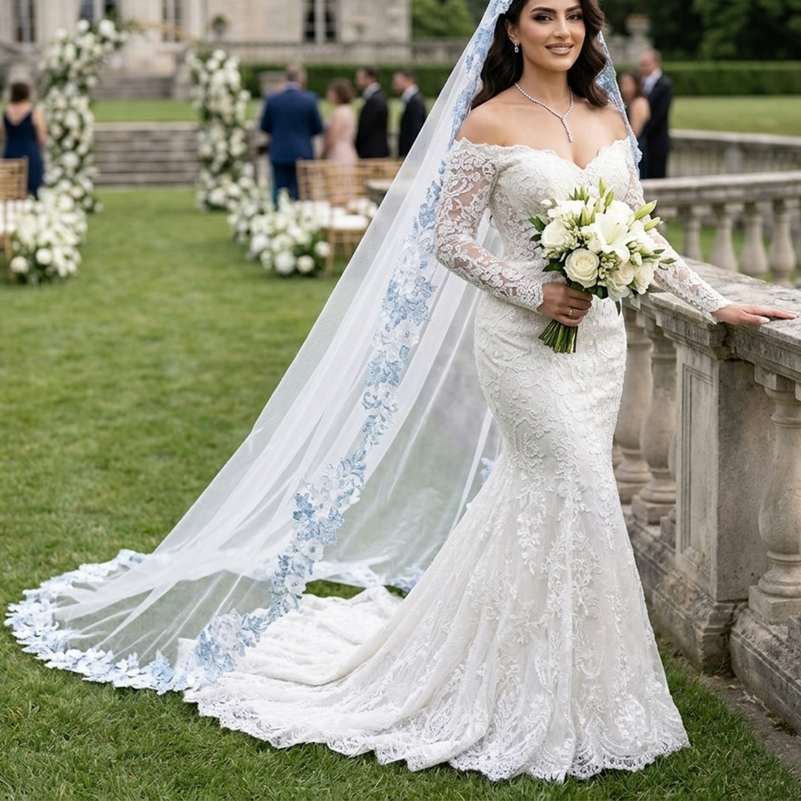 Deals Blue Wedding Veil Lace Tulle Cathedral Veil | Alibaba.com