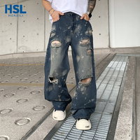 Jean en denim déchiré et vieilli pour homme, coupe droite, style vintage, effet éclaboussures d'encre, jambe large, broderie mi-tissée, streetwear tendance