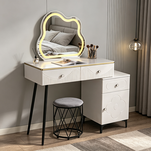 Modern Makeup Vanity <b>With</b> Lighted Cloud Mirror And Storage <b>Drawers</b> Bedroom <b>Dressing</b> <b>Table</b> <b>With</b> Stool - Product Image 3