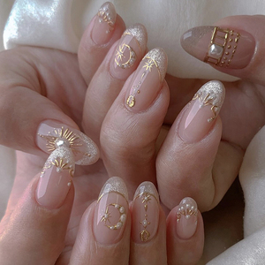 3650 Elegantes <span class=keywords><strong>Uñas</strong></span> Postizas Cortas de Color <span class=keywords><strong>Rosa</strong></span> Francés con Diseño Celestial Dorado <span class=keywords><strong>y</strong></span> Perlas, <span class=keywords><strong>Uñas</strong></span> Artificiales Personalizables - Product Image 1