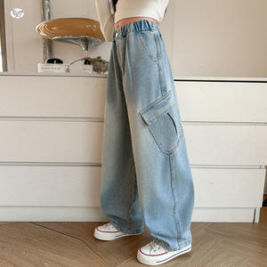 <strong>Girls</strong>' Workwear Denim Jeans 2026 Spring New Style Older Kids' Big Pocket Cut-Out Washed High Waist Casual Wide-Leg <strong>Trousers</strong> - Product Image 3