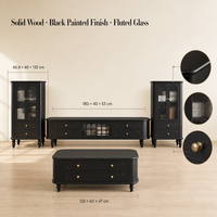 Meuble TV moderne classique de luxe en bois massif peint en noir, avec portes en verre cannelé, console multimédia pour salon, ensemble de rangement