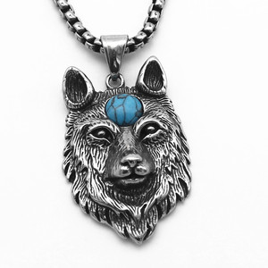 Yunnique – collier avec pendentif tête de loup en acier inoxydable, incrustation de turquoise, cadeau pour hommes - Product Image 5