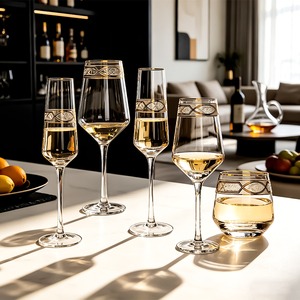 Ensemble de verres à vin de mariage en cristal à bord doré vintage de luxe, gobelets à vin rouge transparents faits à la main pour cadeau ou usage hôtelier - Product Image 1