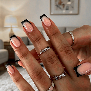 24 <span class=keywords><strong>Uñas</strong></span> Postizas Francesas Negras, Cortas y Cuadradas, Acrílicas, Pre-diseñadas, 12 Tamaños, <span class=keywords><strong>Uñas</strong></span> Naturales Presionadas, <span class=keywords><strong>Uñas</strong></span> Postizas - Product Image 1