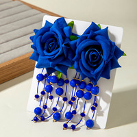 Pendientes de Flores de Rosa Tridimensionales Coloridos de Estilo Europeo y Americano, Pendientes Largos de Tela Fresca con Borlas