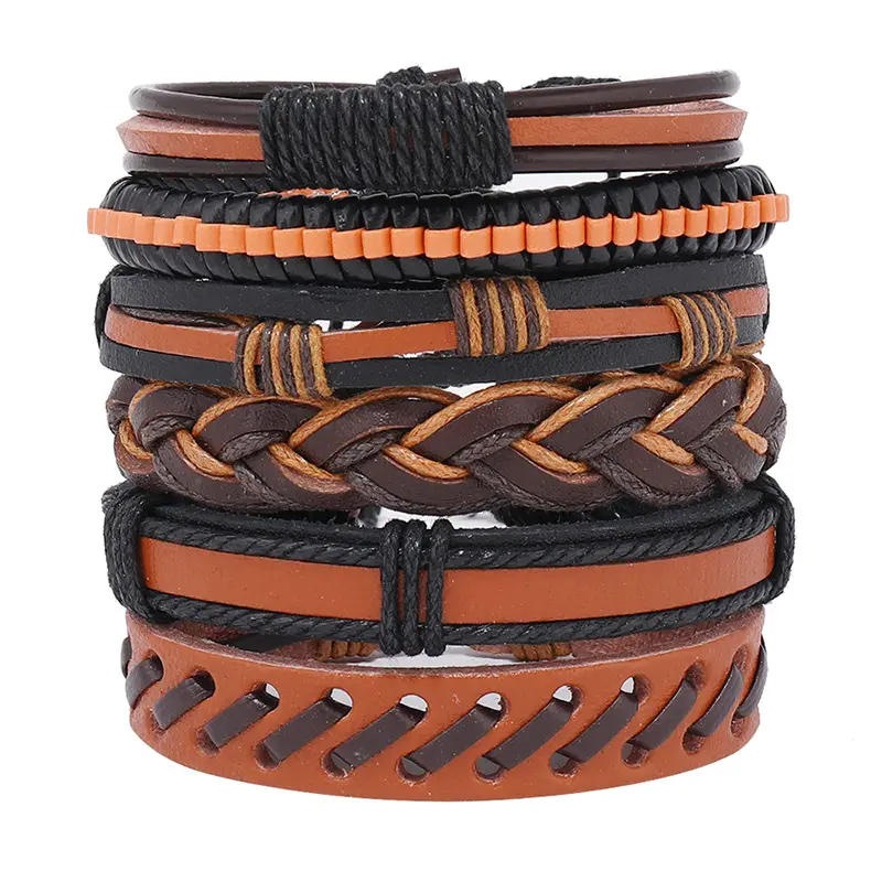 Skerwal Jewelry 6Pcs Brown Braided Leather Bracelet for Men Women Cool Wrist Cuff Bracelets Hemp Cords Tribal Handmade Bracelets