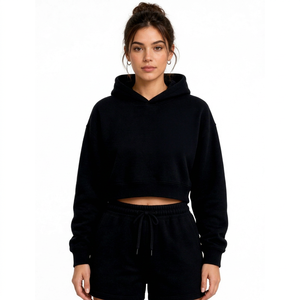 Best Quality Black Cropped <b>Hoodie</b> <b>and</b> <b>Shorts</b> <b>Set</b> 2 Piece Tracksuit Casual Drawstring Outfit - Product Image 1