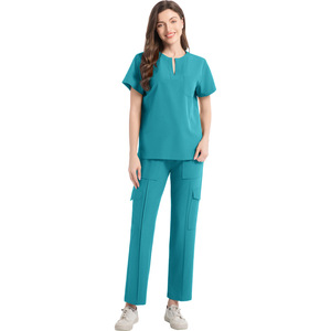 HZMNOI Scrub Uniform Set V-Neck Moisture Wicking For Medical Dental Nursing Workwear Split Design Red - Product Image 3