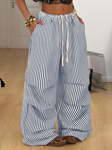 Pantalon large rayé vert pour femme, taille haute, cordon élastique, coupe ample, longueur complète, en coton, décontracté, pour l'été - Product Image 4