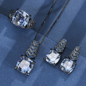Factory Wholesale Eco-friendly Copper Black Gold Plated 14-12MM Zircon Pendant Earrings <b>Ring</b> Set Black Jewelry Set for Banquet - Product Image 3
