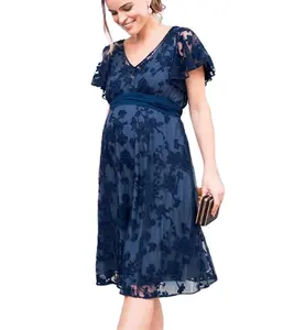 Dongfan Garment Factory OEM V Neck Elegant Blue Lace Maternity Pregnant Dress