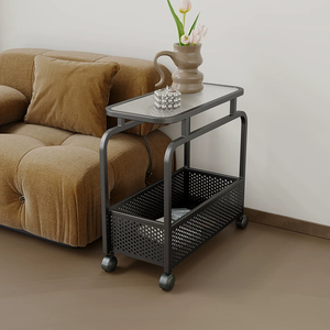 <span class=keywords><strong>Mesita</strong></span> de noche color crema <span class=keywords><strong>con</strong></span> estructura de hierro minimalista y moderna. Ruedas ultrafinas para mesa auxiliar móvil. Armario de almacenamiento. - Product Image 1