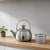 Tetera de Acero Inoxidable con Asa de Ratán e Infusor, 500 ml, Estilo Zen, Hervidor de Agua, Apta para Cocinas de Gas e Inducción