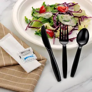 Tùy chỉnh thức ăn nhanh nhà hàng dao kéo dùng một lần PS nhựa dĩa Spoon Knife Set với khăn ăn muối tiêu