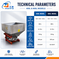Épandeur de sel Huifu 800L à attelage 3 points PTO, épandeur d'engrais et de sable monté sur tracteur, largeur de travail 6-18m, boîte de vitesses 40-90 CV