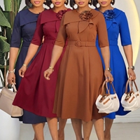 Robe d'automne J3377 tendance pour femme, décontractée et élégante, à manches mi-longues, col rond, coupe trapèze, idéale pour le bureau ou l'église, style africain, avec ceinture