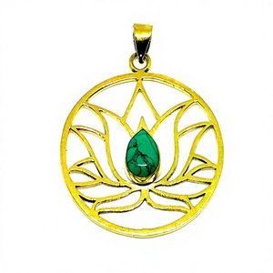 Classic Brass Lotus Pendant Necklace for Women with Turquoise Stone Bezel Setting Gift - Product Image 4